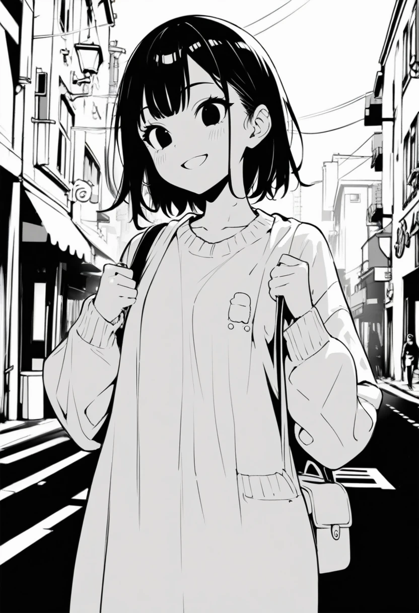​masterpiece, best quality 1girl, grayscale, black eyes, street, iced, black hair, schoolbag, smile, lineart
