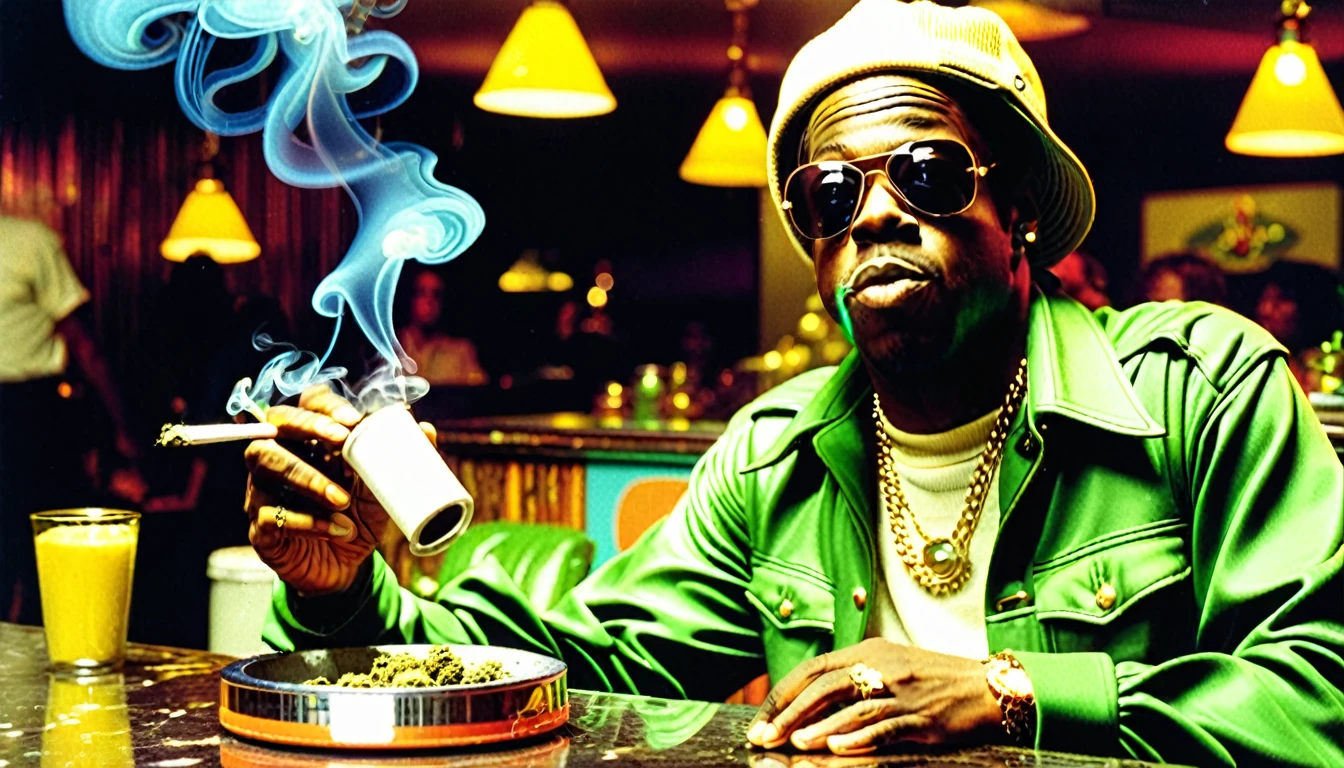 1970s photo of "Devin The Dude" wearing 1970s attire, marijuana in an ashtray, atmospheric perspective,