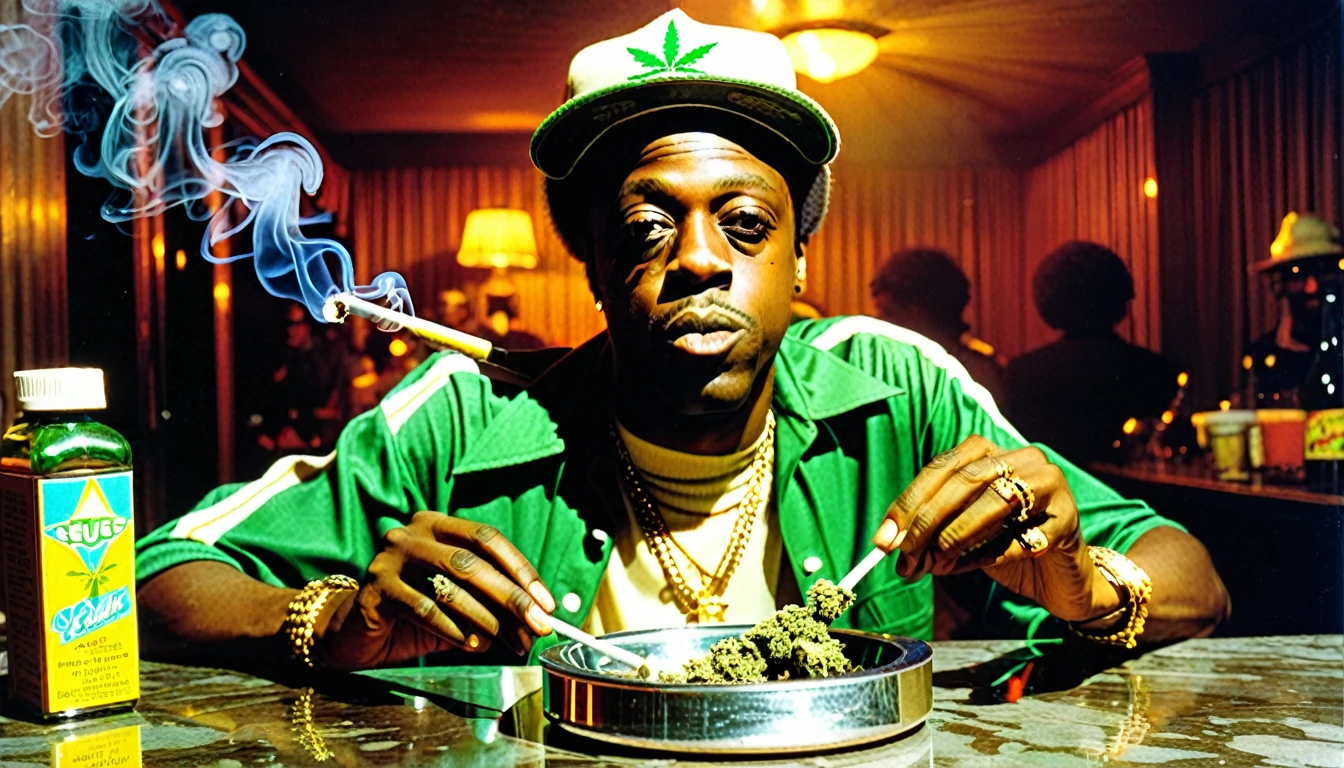 1970s photo of "Devin The Dude" wearing 1970s attire, marijuana in an ashtray, atmospheric perspective,