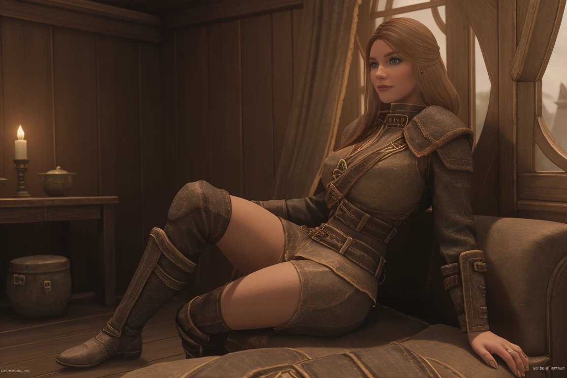 Elder Scrolls fantasy: A seductive female Breton maiden sits poised on the ship to Daggerfall, her crossed legs a subtle invitation. Soft sunlight bathes her porcelain skin as she wears a tantalizingly short skirt and knee-high leather boots, her smile beckoning the viewer's gaze. Her eyes sparkle with mischief, inviting all who lay eyes on her to join in the adventure.