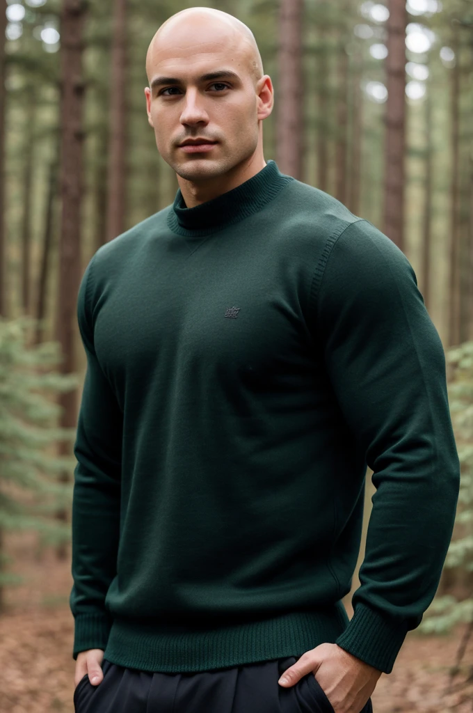 ((best quality)), ((masterpiece)), (detailed), realistic face real bald muscular male upper body wear dark green pullover dark forest