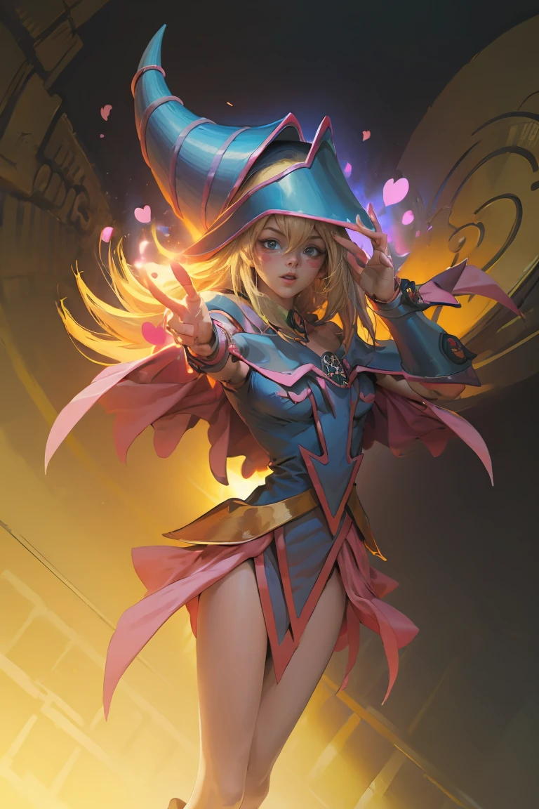 ( masterpiece :1.2), ( The best quality :1.2), Perfect lighting, Dark Witch Chica casting a spell, In battle.  Floating in the air , medium breasts visible, transparent neckline, blue robe, large hat, from above, Flashes, Yugioh game, The magic of the heart.  LIGHTS OF THE HEART , Romantic Heart. She wears heels. She has heels. Wear heels 