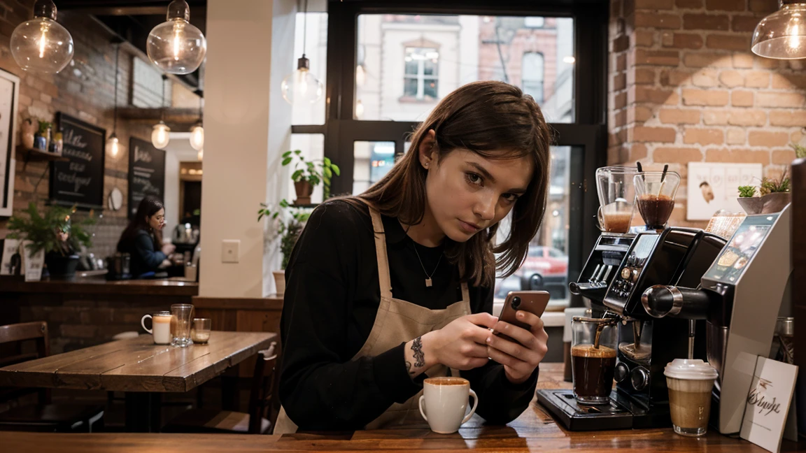 coffee shop interior, punk rock ginger girl barista focused on her iphone, looking down on her phone, interior, next to her theres a big window and its raininG. iT IS nighttime and the atmosphere is cozy lit and relaxing