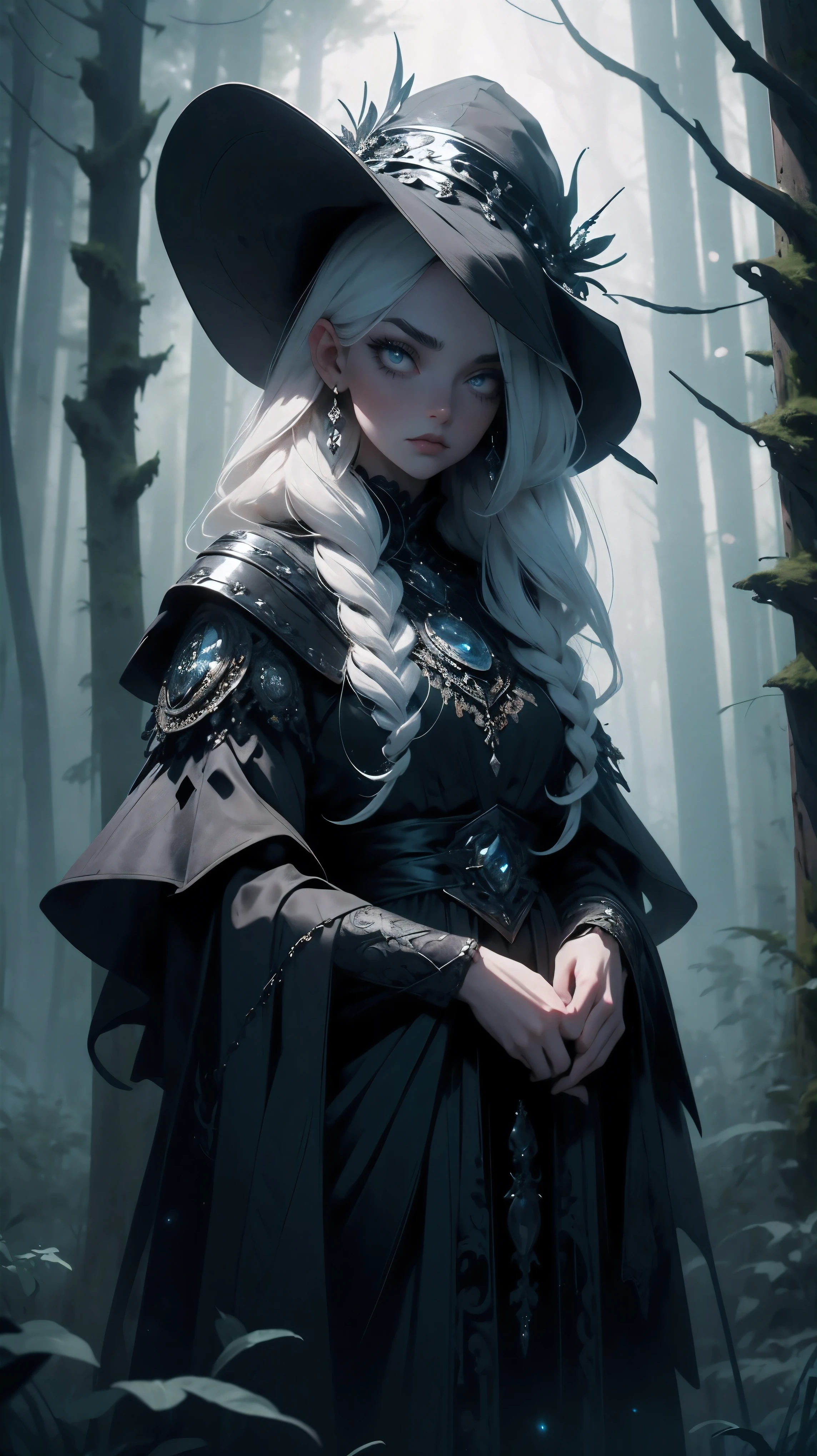 a beautiful witch, detailed intricate face, piercing eyes, long lashes, porcelain skin, flowing dark hair, ornate headdress, dark gothic dress, standing in a mystical forest, moonlit night, moody dramatic lighting, mist and fog, fantasy, dark magic, cinematic, highly detailed, photorealistic, 8k