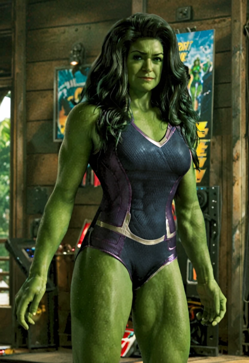 Hot she Hulk, medium hard breasts, sexy, Full body, barefoot, feet, beautiful legs, fantastic four swimsuit, volumous hair