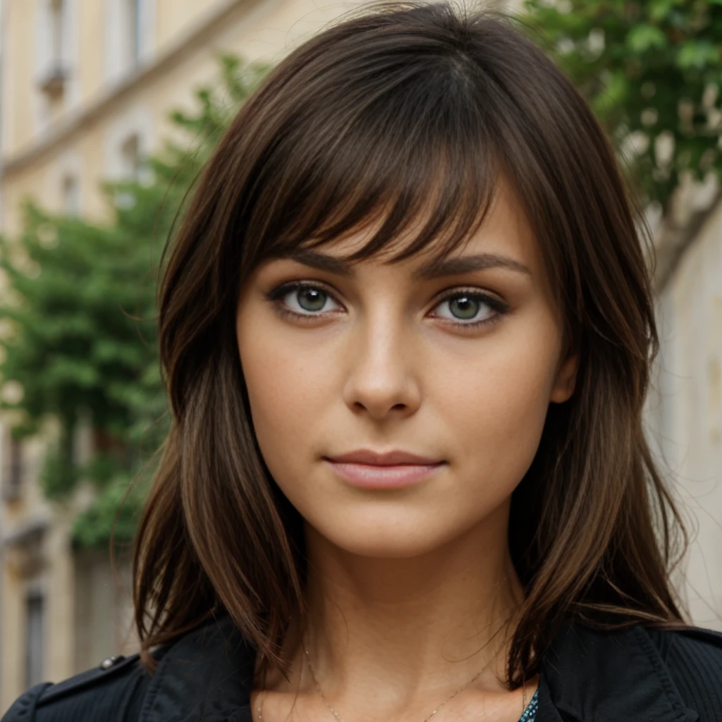 Jeune femme brune de 31 ans, yeux verts, cheveux bruns ondulés, regard coquin et séduisant, charme, visage parfait, harmonieux et attrayant, robe noire, talons hauts, dans les rues de Paris
