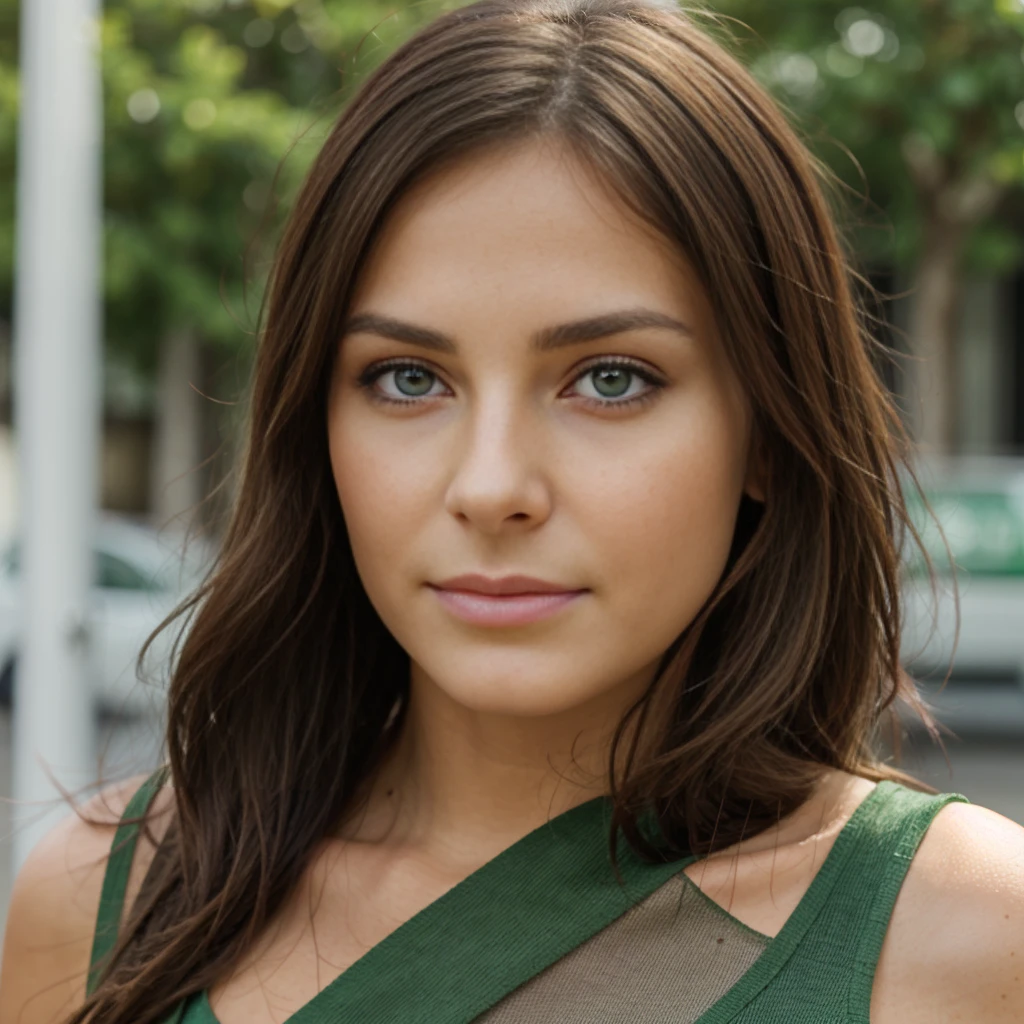 Brune ,yeux verts, de face