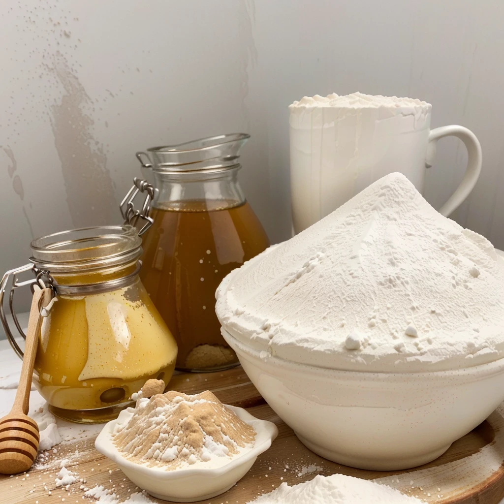there are a lot of ingredients that are on a table, ingredients on the table, covered in white flour, recipe, strange ingredients on the table, flour dust, honey, white, white clay, alchemical still made from clay, outstanding detail, homemade, exploitable image, creating a soft, flour dust spray, clean face and body skin, highly rendered
