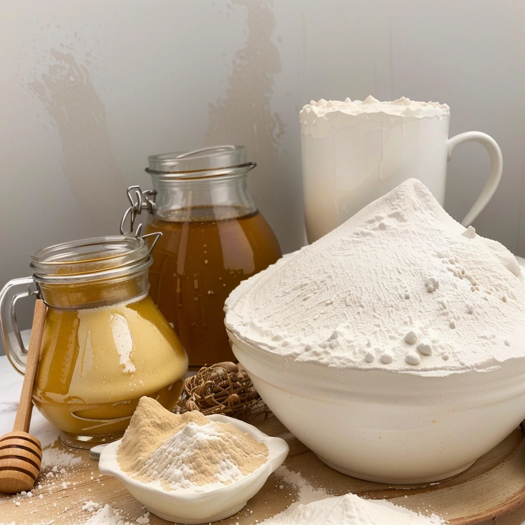 there are a lot of ingredients that are on a table, ingredients on the table, covered in white flour, recipe, strange ingredients on the table, flour dust, honey, white, white clay, alchemical still made from clay, outstanding detail, homemade, exploitable image, creating a soft, flour dust spray, clean face and body skin, highly rendered