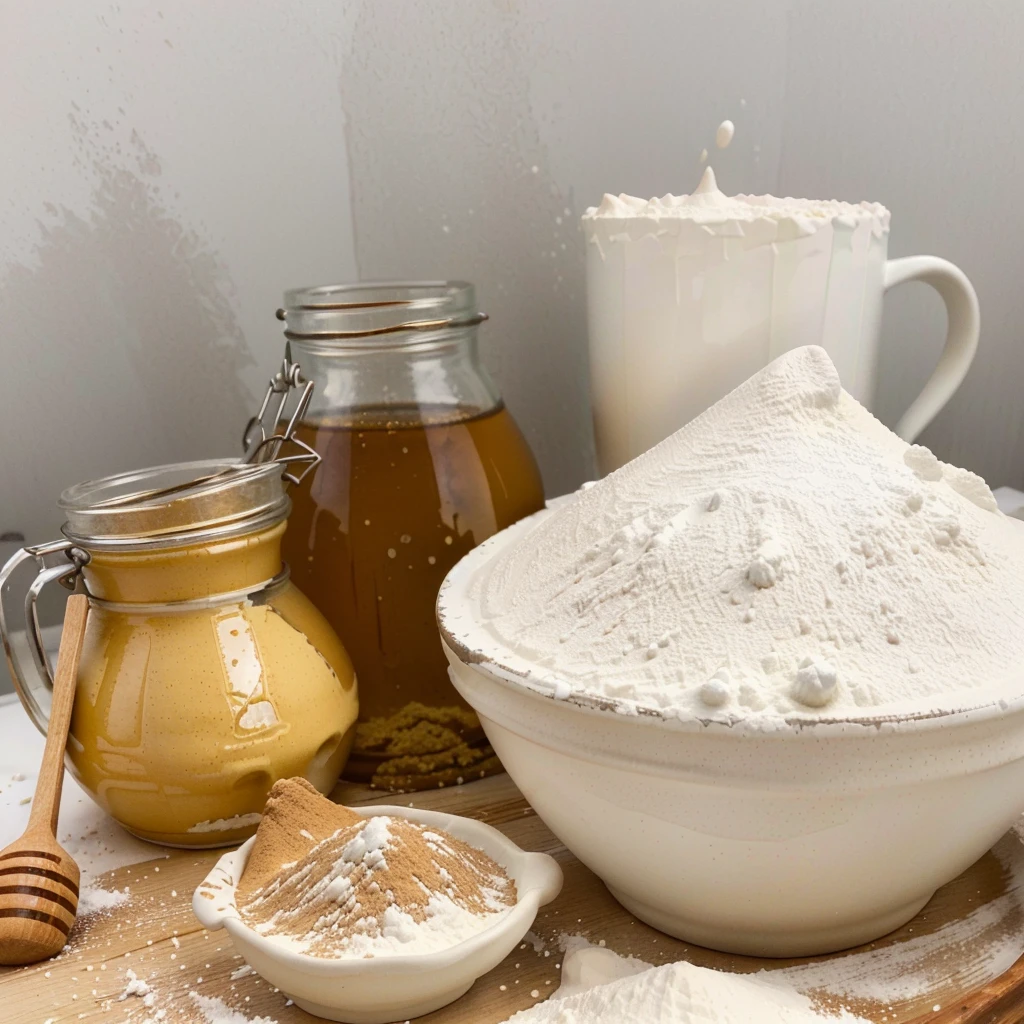 there are a lot of ingredients that are on a table, ingredients on the table, covered in white flour, recipe, strange ingredients on the table, flour dust, honey, white, white clay, alchemical still made from clay, outstanding detail, homemade, exploitable image, creating a soft, flour dust spray, clean face and body skin, highly rendered