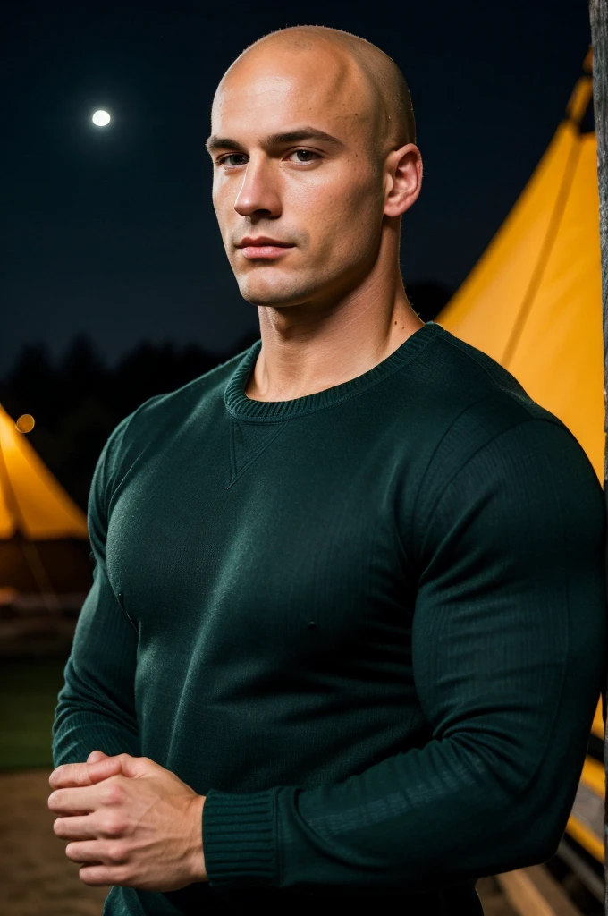 ((best quality)), ((masterpiece)), (detailed), realistic face real bald muscular male upper body wear dark green pullover at night camp