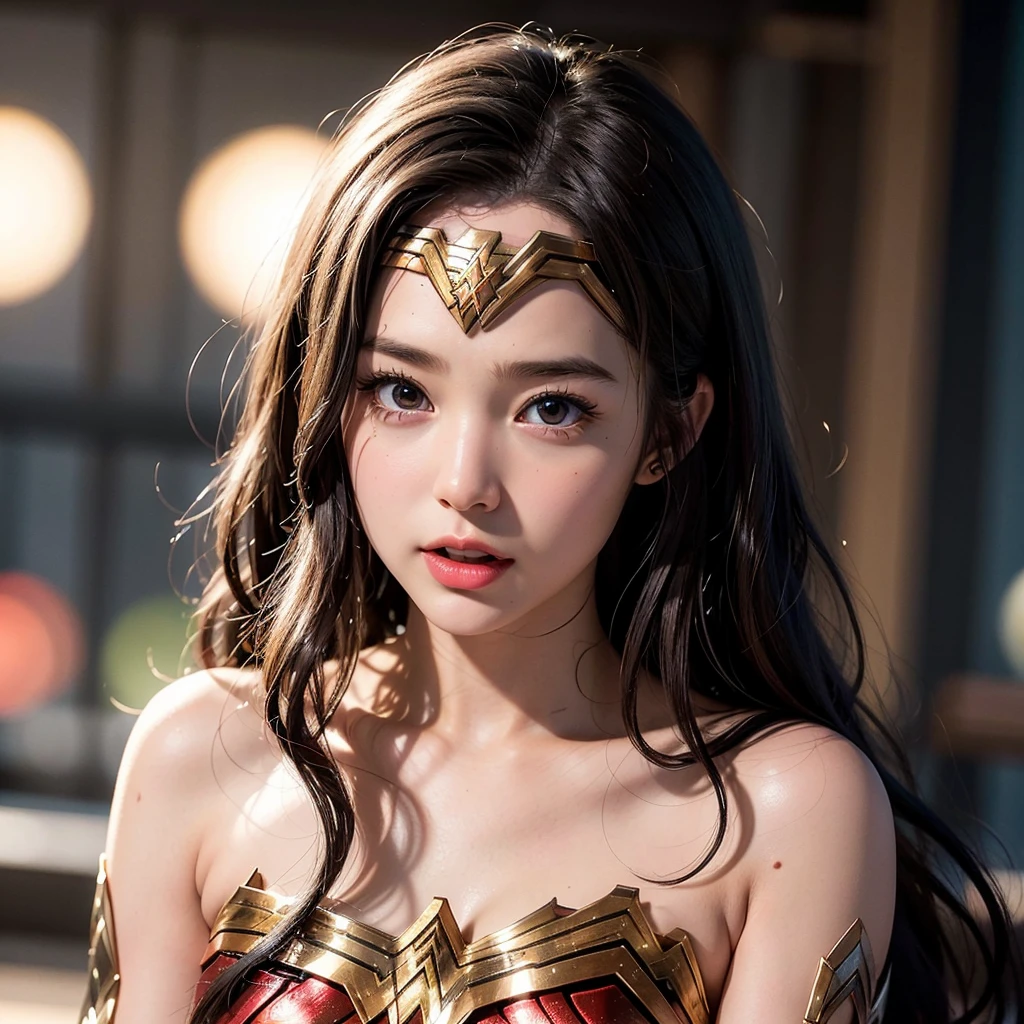 NSFW, 8k, High-level, absurd, masterpiece, best quality, primitive, very detailed CG, very detailed wallpaper, perfect lighting, Extremely detailed (((The personifying " Wonder Woman " as a Little Girl))), MysticSight, Tyndall effect, Tyndall scattering, Studio gray background with (many Dazzling RainbowColor particles BokeH:1.28), (RoundlyButts, ThighGap), (Exposed:0.4), (Assfocus with looking ahead), BREAK (NOGIZAKA face variations) Extremely Detailed very KAWAII face variations, perfect anatomy, Childish, captivating gaze, ElaboratePupils detailed Eyes with (sparkling highlights:1.28), long eyelashes、Glossy RED Lips with beautiful details, Coquettish tongue, Rosy cheeks, Radiant PearlSkin with clear transparency . { (Dynamic LifeLike expressions:1.4) | (:d) }, (large eyes:-1) .