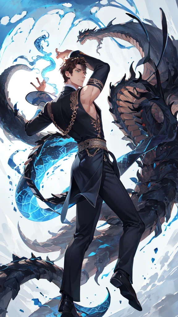 Half body portrait of a young man Has good muscles, brown hair, blue eyes, wears a plain black suit. Turn around and look back at the half-body picture. Cool look back.. black chinese dragon, serpentine body wrapped around the man, great king, smoke