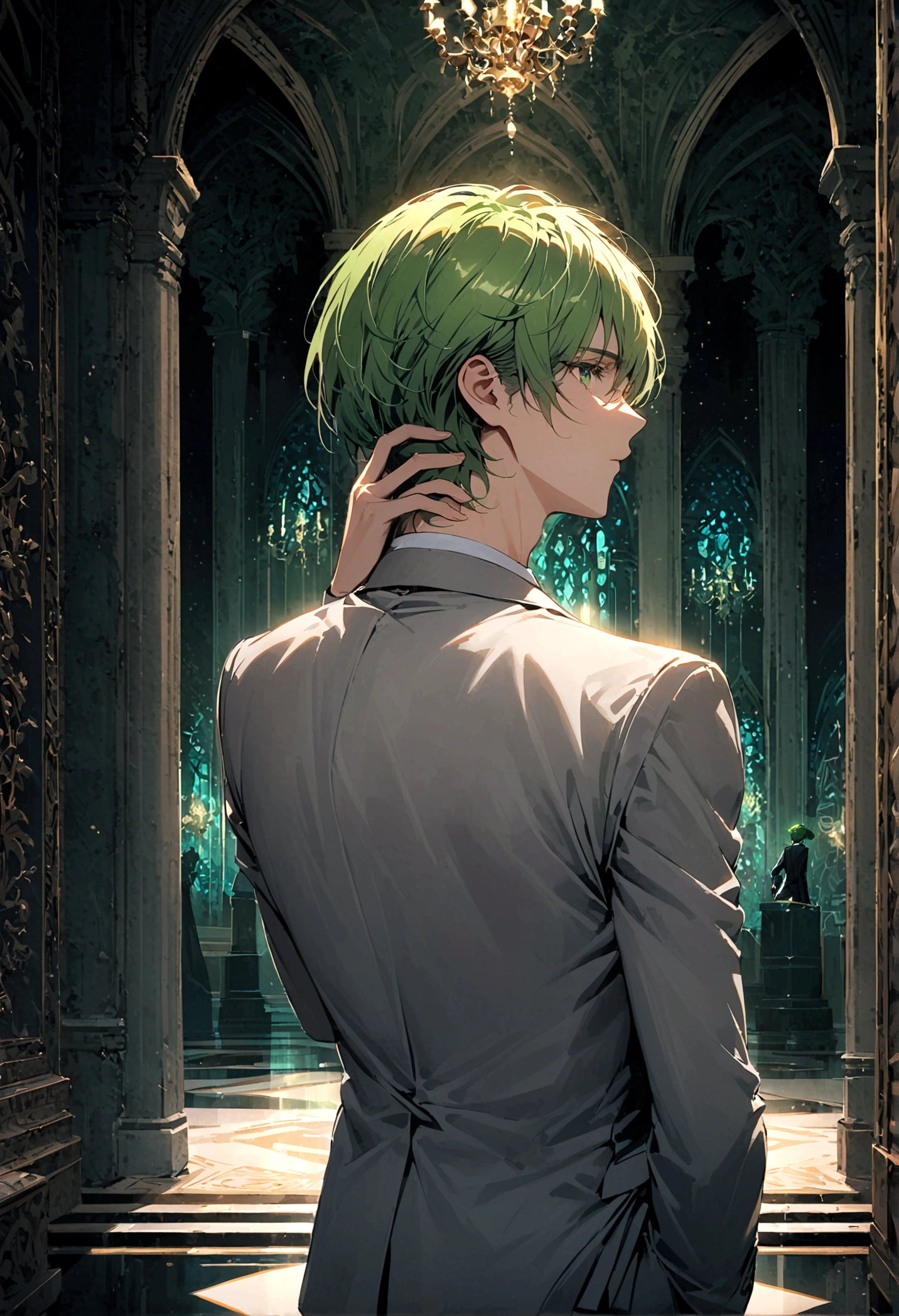 A man with green hair, green eyes, a gray suit, his back turned half his face, stood alone in the middle of the palace at night.