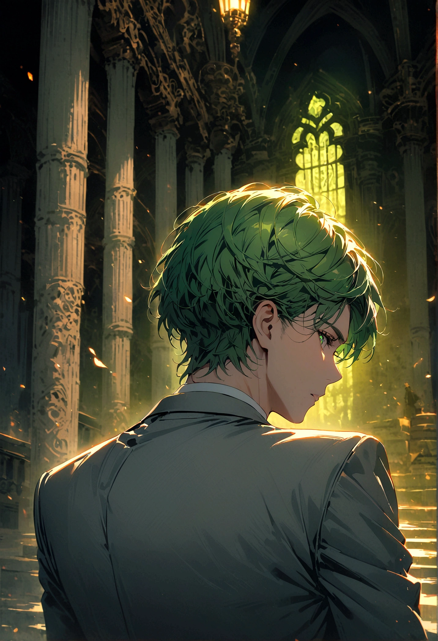 A man with green hair, green eyes, a gray suit, his back turned half his face, stood alone in the middle of the palace at night.