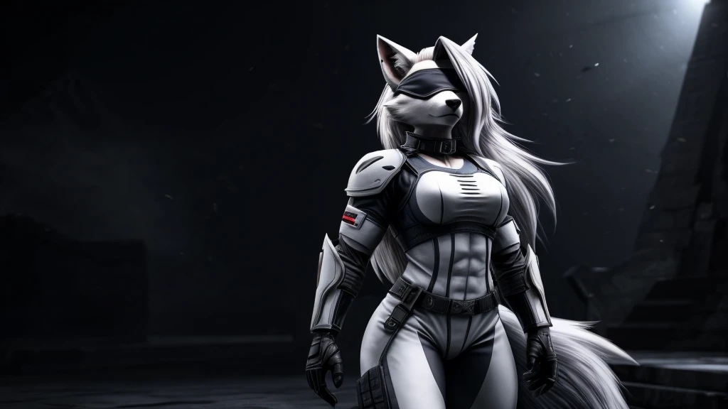 Loona from Helluva Boss, female white wolf, short white hair, blindfold, white combat military armor suit, combat mask, mature adult, muscular, standing, dark lighting, extremely detailed, solo, beautiful, high quality, 4K