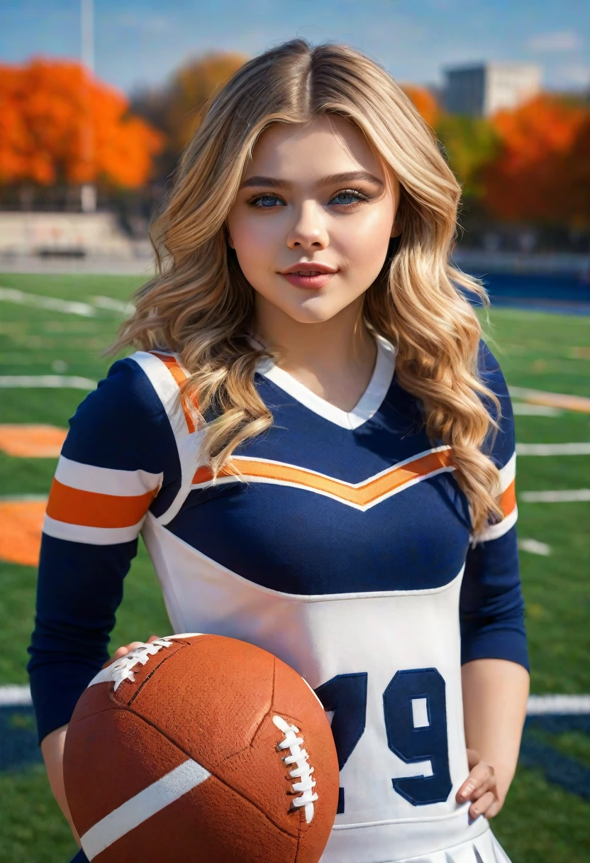 chloe moretz, 1girl, beautiful detailed eyes, beautiful detailed lips, extremely detailed eyes and face, long eyelashes, university of syracuse cheerleader uniform, full portrait length, sheer tan pantyhose, navy blue high heeled pumps, holding pompoms, cheerfully posing, football field background, (best quality,4k,8k,highres,masterpiece:1.2),ultra-detailed,(realistic,photorealistic,photo-realistic:1.37),HDR,UHD,studio lighting,ultra-fine painting,sharp focus,physically-based rendering,extreme detail description,professional,vibrant colors,bokeh,portrait