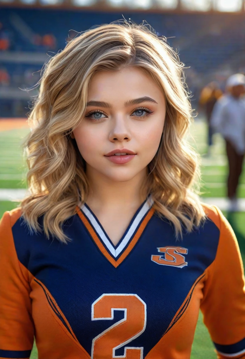 chloe moretz, 1girl, beautiful detailed eyes, beautiful detailed lips, extremely detailed eyes and face, long eyelashes, university of syracuse cheerleader uniform, full portrait length, sheer tan pantyhose, navy blue high heeled pumps, holding pompoms, cheerfully posing, football field background, (best quality,4k,8k,highres,masterpiece:1.2),ultra-detailed,(realistic,photorealistic,photo-realistic:1.37),HDR,UHD,studio lighting,ultra-fine painting,sharp focus,physically-based rendering,extreme detail description,professional,vibrant colors,bokeh,portrait