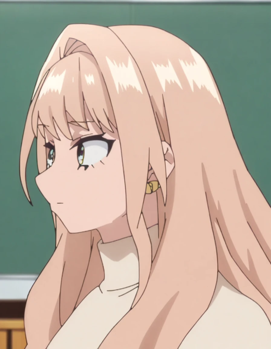 1girl, female focus, my hero academia screencap, boku no hero academia, pink hair, gold eyes, super long hair, cute, wearing beige turtle neck , in a classroom, cute gold earrings, bangs, with Bakugou Katsuki (my hero academia),
