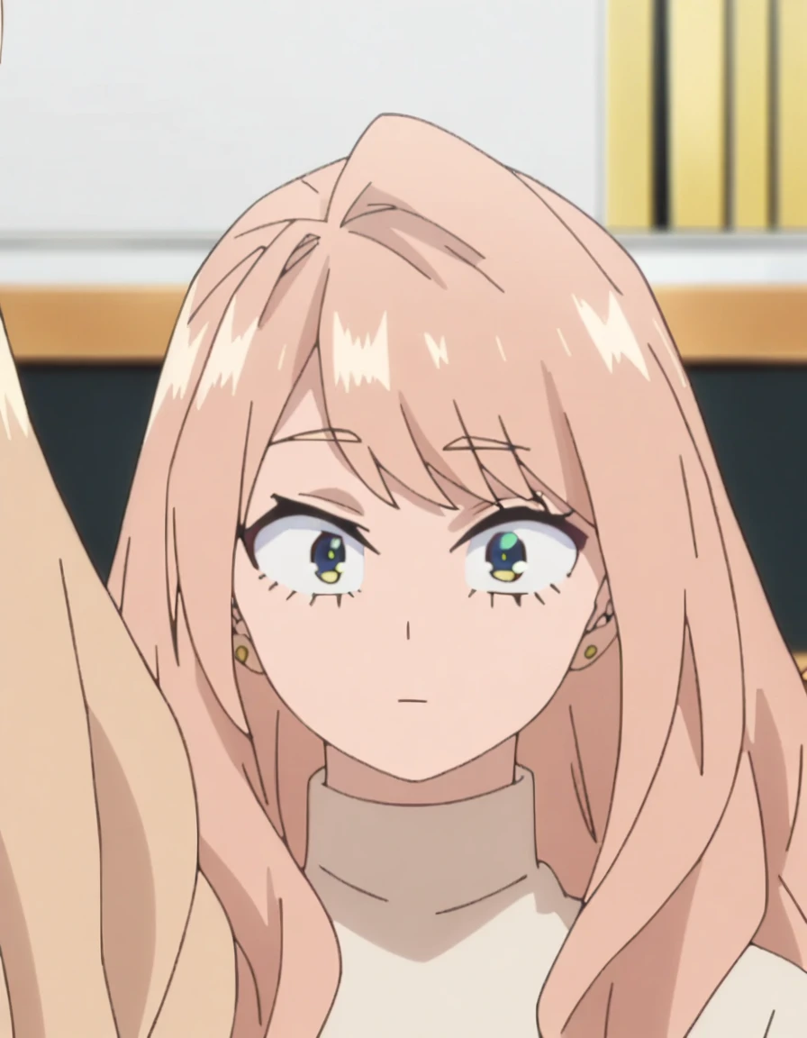 1girl, female focus, my hero academia screencap, boku no hero academia, pink hair, gold eyes, super long hair, cute, wearing beige turtle neck , in a classroom, cute gold earrings, bangs, with Bakugou Katsuki (my hero academia),
