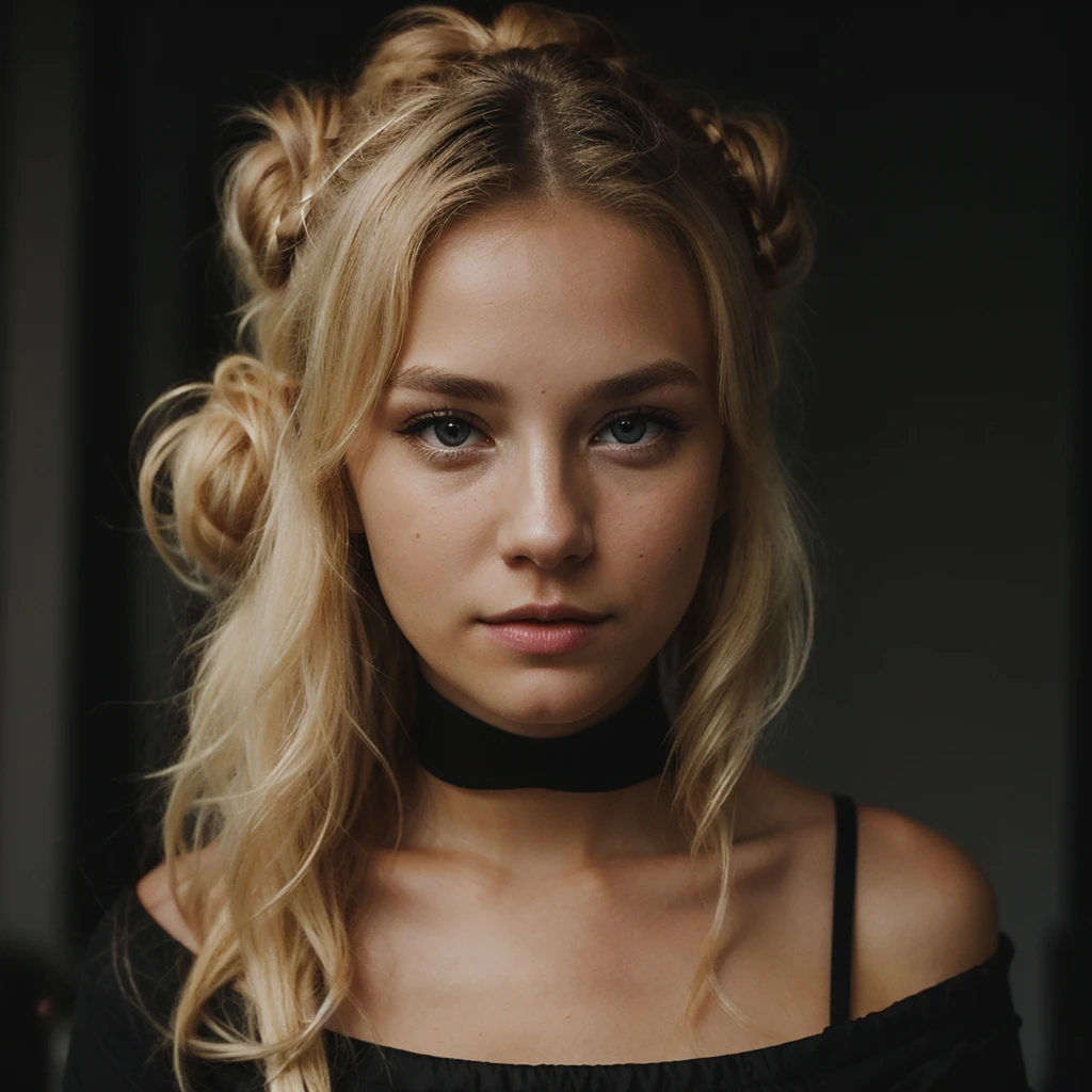 an eye contact of a blond with bun hair and dark theme