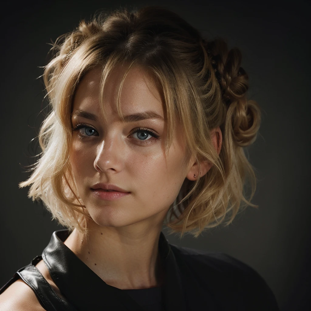 an eye contact of a blond with bun hair and dark theme