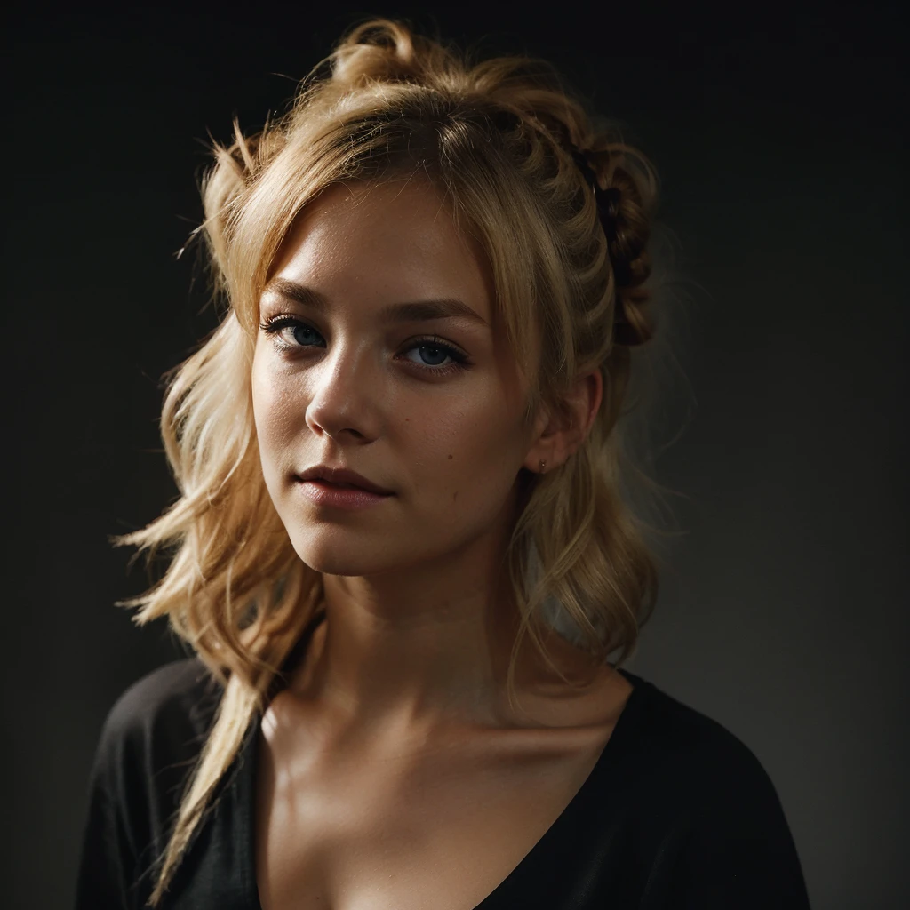 an eye contact of a blond with bun hair and dark theme