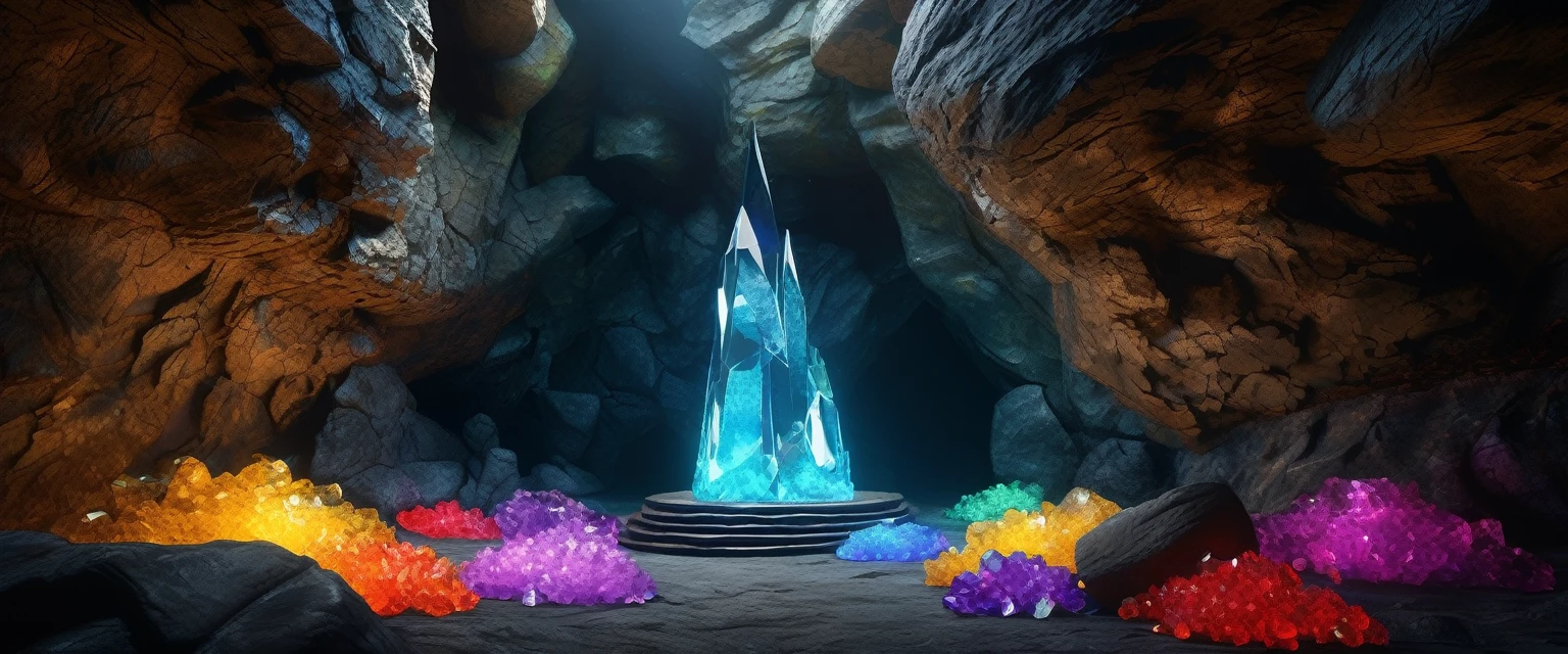 Masterpiece Portrait, Extreme details, Very detailed, 8K octane, HDR, Super detailed, best quality, best quality, Realistic lighting, Ultra Detailed,RPG scene,Underground Cave,Black and gray rock wall,Stone Wall,Game scene,Uneven rocky terrain,((Colorful crystal clusters:1.3)),[Glass material｜Low light transmittance]crystal