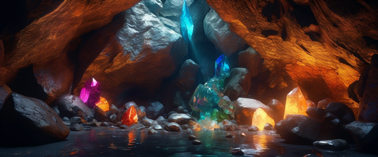 Masterpiece Portrait, Extreme details, Very detailed, 8K octane, HDR, Super detailed, best quality, best quality, Realistic lighting, Ultra Detailed,RPG scene,Underground Cave,Black and gray rock wall,Stone Wall,Game scene,Uneven rocky terrain,((Colorful crystal clusters:1.3)),[Glass material｜Low light transmittance]crystal