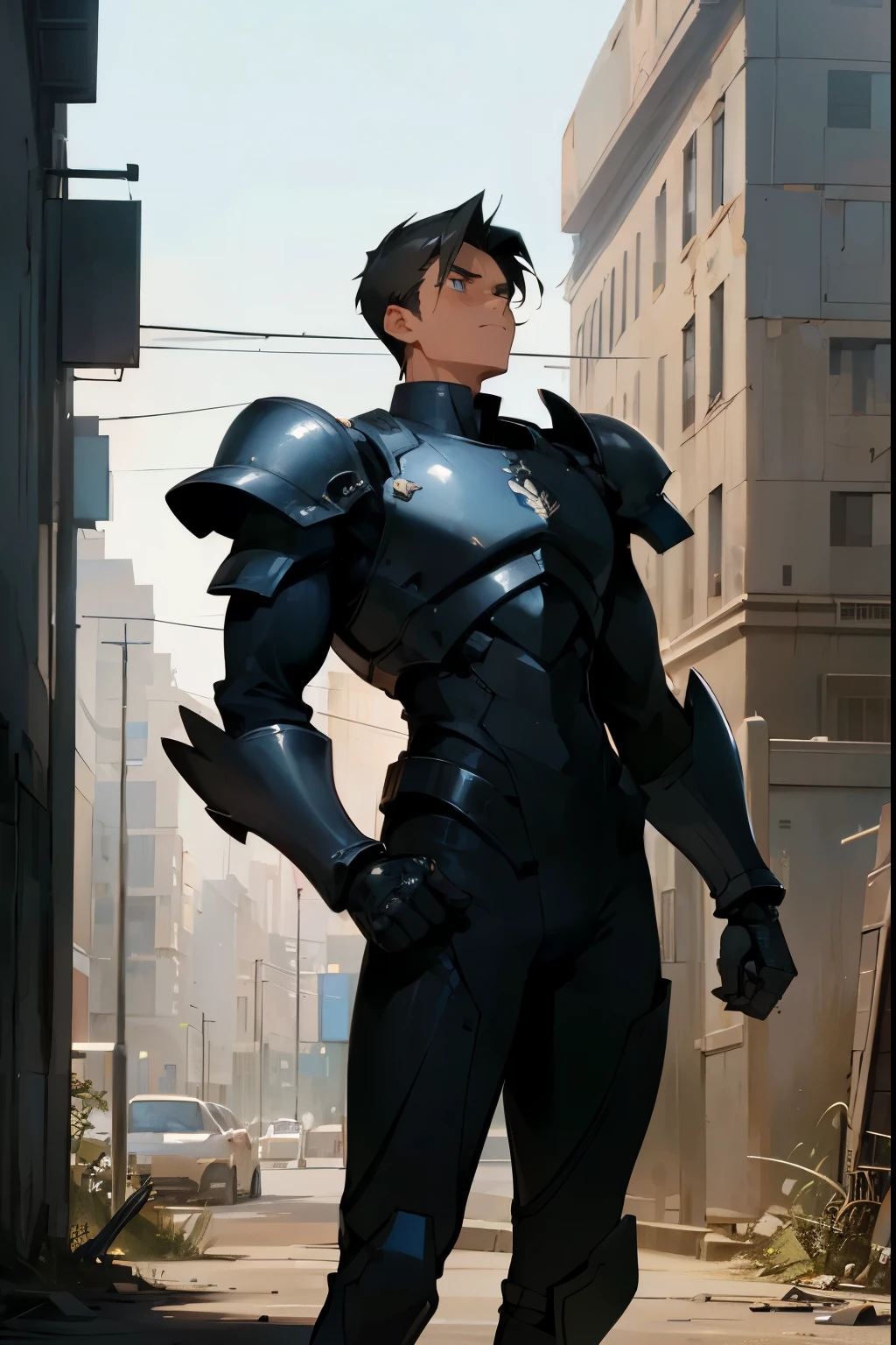 1male , Black Bodysuit , Armored Military Clothing , Standing in a ruined city background , Standing On Sidewalk, Calm Expression , Masterpiece Quality , Armored Gauntless on both hands