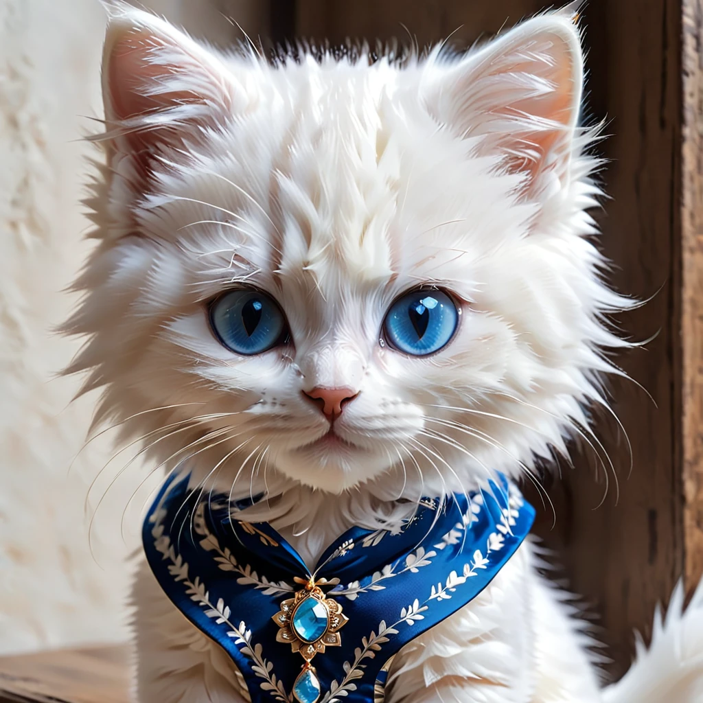 Anthropomorphic, cute, blue-eyed, white-furred kitten, with a sharp gaze, wearing the Georgian national dress Chokha