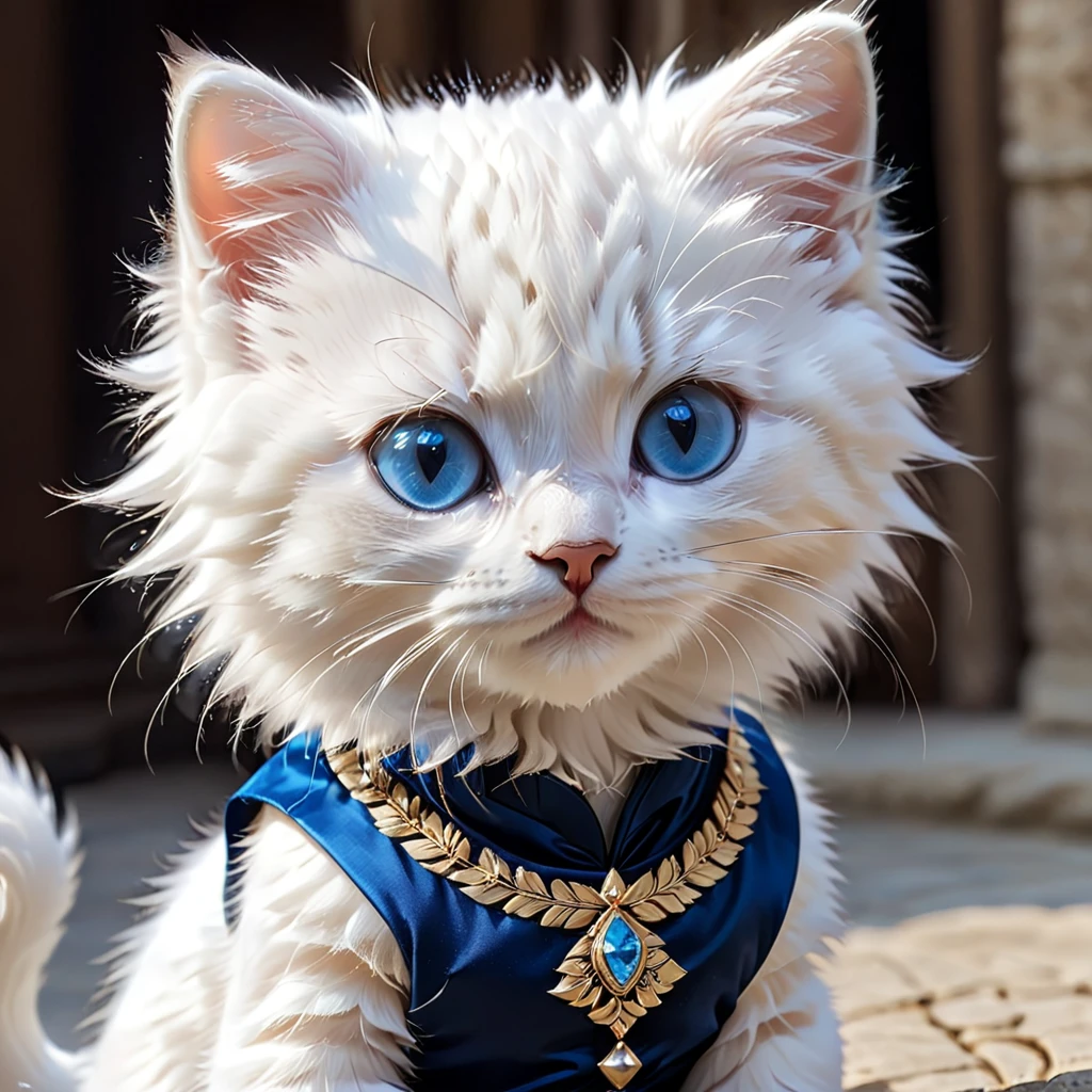 Anthropomorphic, cute, blue-eyed, white-furred kitten, with a sharp gaze, wearing the Georgian national dress Chokha