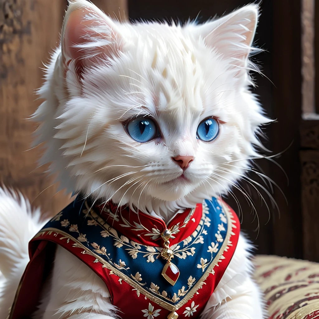 Anthropomorphic, cute, blue-eyed, white-furred kitten, with a sharp gaze, wearing the Georgian national dress Chokha