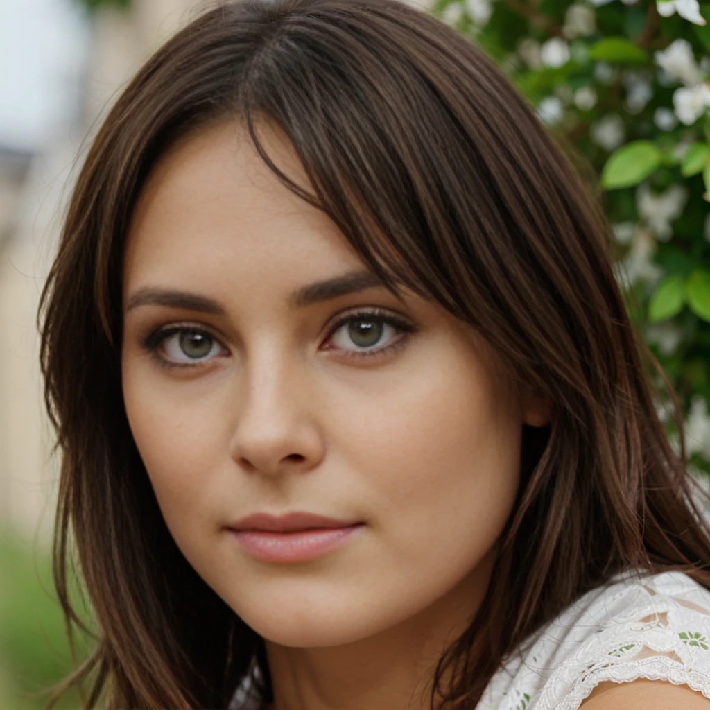 Brune ,yeux verts, de face