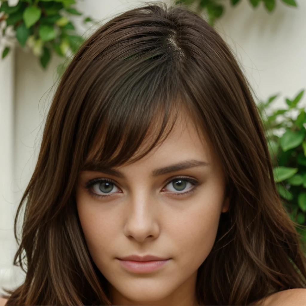 Brune ,yeux verts, de face