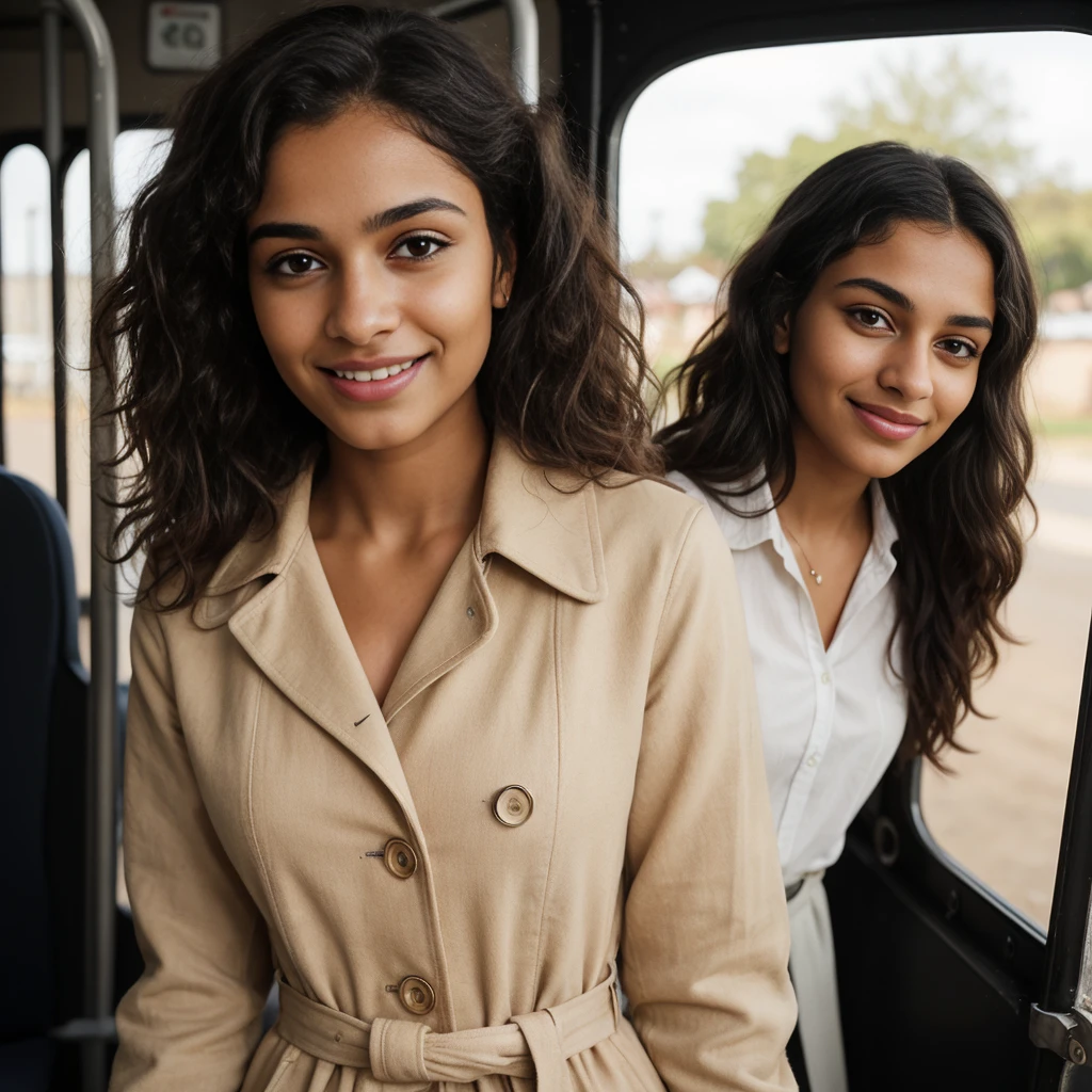 Young Indian mixed race Malagasy woman, shy, charming, smiling, black mid-length hair, slightly curly, beautiful eyes, pretty natural eyebrows, 22 years old, oval and natural face, innocent, average size body with immense curve, extremely beautiful and perfectly fitted , height 1.85m, well dressed, elegant coat, student, in front of English bus, relaxed photos, A masterpiece, the highest resolution, quality, detail, very concentrated, professional image, ultra realistic, without filter, photorealism, photography, 8K UHD, photography