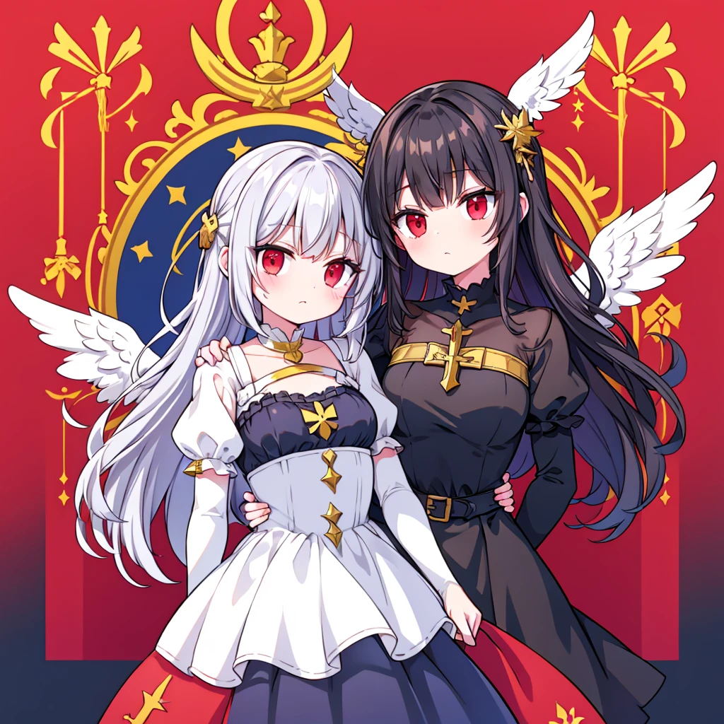 flagmaker, medieval knight group, the flag representing Crucifixus, Experrectus, Reanimatus or The Crucified, The Awakened, And The Reanimated, the flags' colors consist of black, red, white, gold and silver. The flag consists of an angel holding a black and red sword with a golden handle, the angel has a golden cross on the front of her dress. the angel wears a black dress with red added to it.