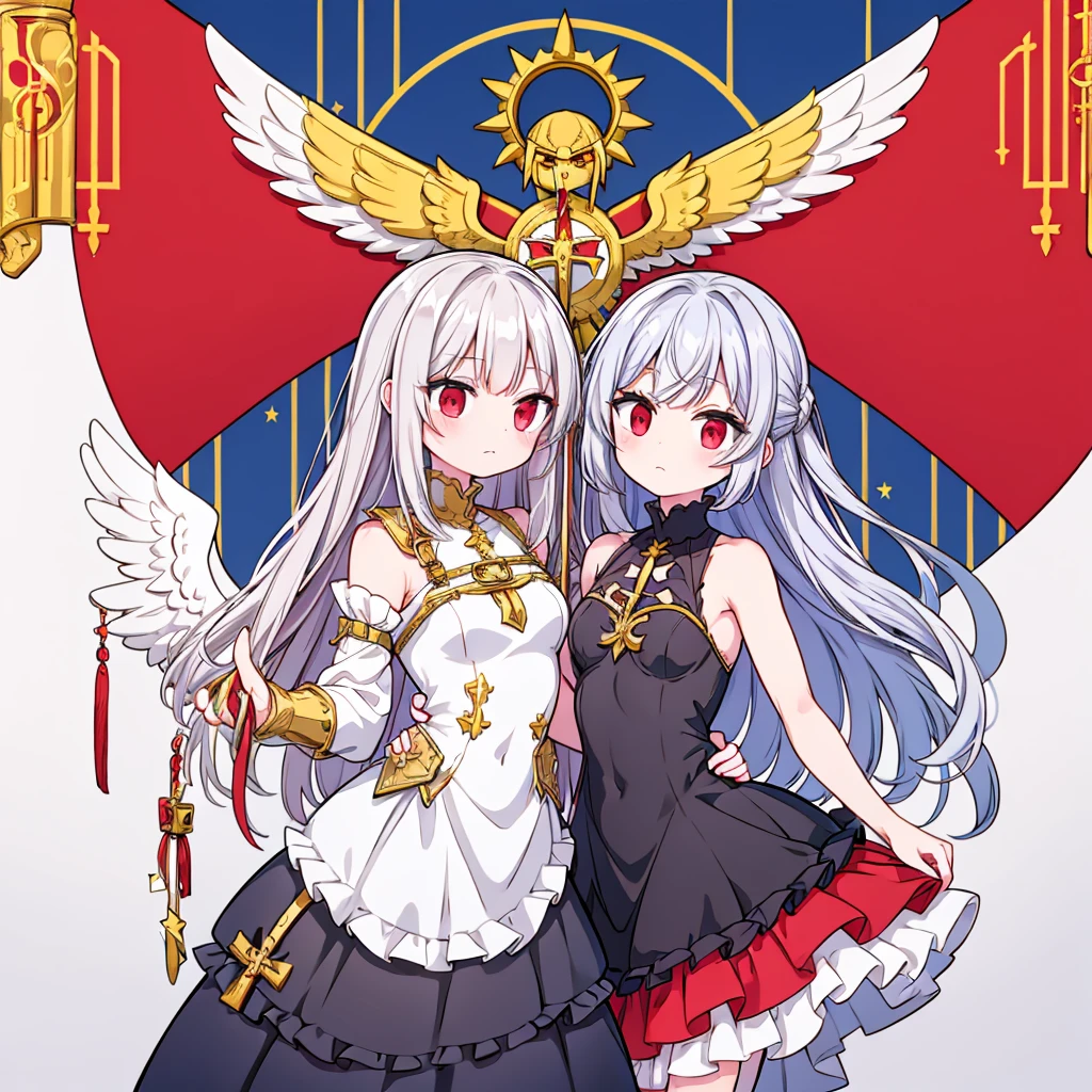 flagmaker, medieval knight group, the flag representing Crucifixus, Experrectus, Reanimatus or The Crucified, The Awakened, And The Reanimated, the flags' colors consist of black, red, white, gold and silver. The flag consists of an angel holding a black and red sword with a golden handle, the angel has a golden cross on the front of her dress. the angel wears a black dress with red added to it.