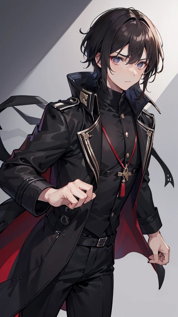 male priest in a black trench coat with dark brown medium length hair, handsome, cloth wrapped fists, in his 20s