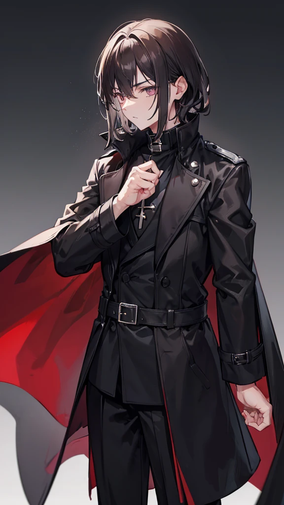 male priest in a black trench coat with dark brown medium length hair, handsome, and wrapped fists