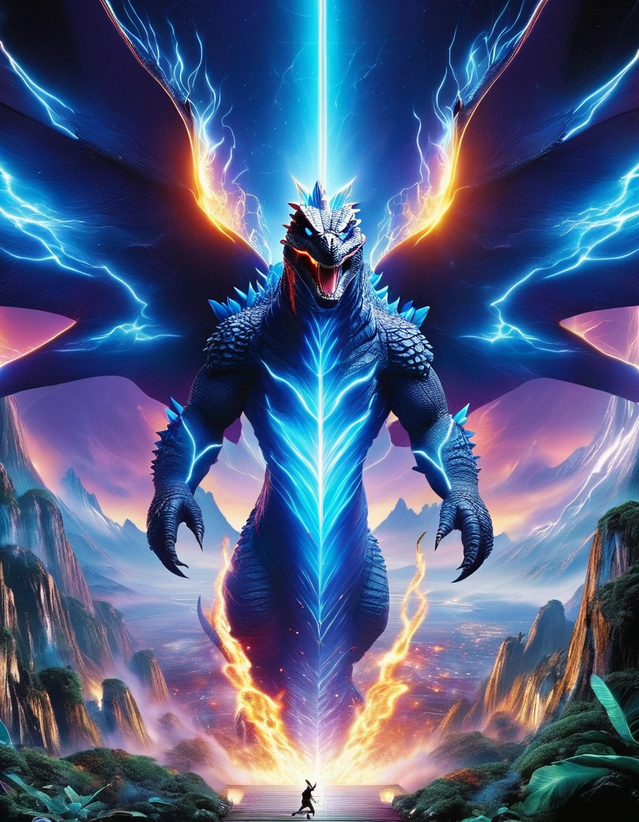 (best quality:2, ultra detailed:2, beautiful:2 8K:2),BREAK,(High resolution), (Visual beauty), (textile shading), (landscape:1.8), (realistic photo:1.2), (No-human:2), (gigantic-powerful-2Wings-God-Kaiju-Godzilla's Back:2), (themed Breath of Linear long range nuclear-energy-burning-flame-beam, Long-range nuclear-energy-burning-flame-beam direct hit, Breath of Nuclear-energy-burning-flames-Linear-Beam:1.5 hitting:1.5 the Background-Mountains:1.8 causing a nuclear-explosion:1.8, beautiful-dark-fantasy atmosphere:1.2), (((Overlap:1.2, Line of sight:1.2))), (ideal ratio body proportion),BREAK,(No-human:2),((1 God-Godzilla, Kaiju, solo, with gigantic-powerful-2Wings:1.4 and Divine and fierce blue-neon-burning-dorsa-many-fins:1.4 and Powerful-long-tail:1.6, Many-large-violent-dorsal-fins:1.4 covered in neon-blue-burning-flames of nuclear energy:1.4)), (firing:2 from his mouth:1.4 a Breath of neon-blue-burning-flame-Linear-beam:1.5 with an ultra-long-reach, highly destructive Breath of super-linear-neon-blue-nuclear-energy:1.2),BREAK,(No-human:2), ((((Incinerate the fantasy deep forest with ultra-detailed ultra-linear:1.2 Breath of ultra-long-range:1.2 blue-neon-nuclear-burning-flame beam while hitting the background-mountain-range:1.4 and generating a neon-blue-nuclear-explosion:1.4 and intense shock waves)))), (((Breath of Blue neon burning flames burning beam earth and vibrating atmosphere))),BREAK,(extreme long shot:2, gigantic scale:1.2, from behind:2), (rule of odds, diagonal composition:2) art inspired by Bill Sienkiewicz.