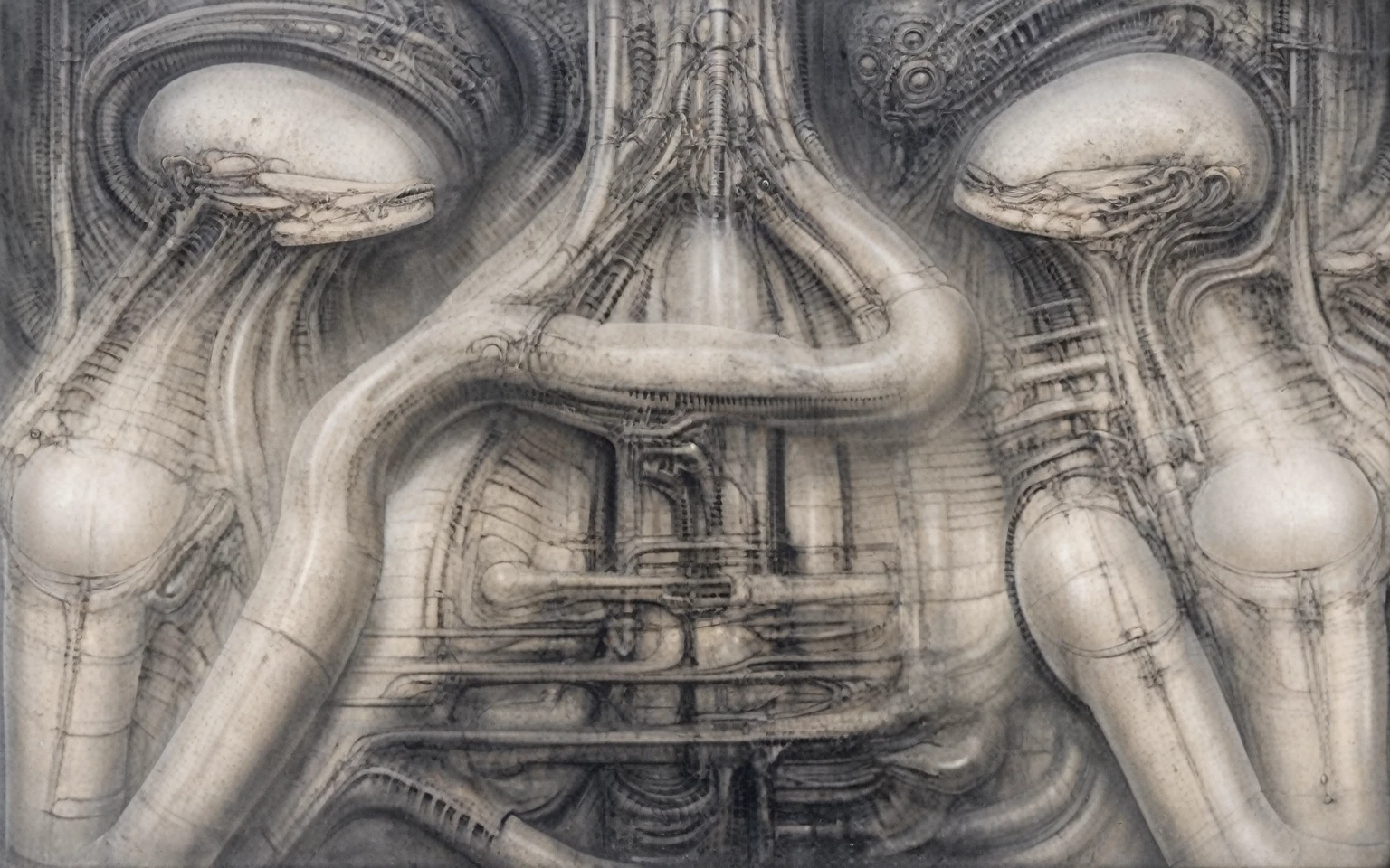 Create biomechanical tableau with some of the artistic techniques and compositional features used in /&quot;Necron IV/” by h r (Hans Rudie) giger:
 The image depicts a complex, sprawling city made of dark ivory, metal and wires. The city is densely packed with loops and twists, resembling a massive, intricate machine.
The painting is composed around a central focus of bone-like celestial formations and tectonic weathering structures with a phallic spine. This central form is the most detailed and brightly lit part of the painting, and it draws the viewer's eye in.The central focus is emphasized by the use of light and shadow. The light source is coming from the top left of the painting, and it casts a bright spotlight on the scene.
Biomorphic forms: The biomechanical forms in the painting are inspired by biological organisms, but they are also machine-like. These forms create a sense of unease and discomfort, as they blur the line between the natural and the artificial
. The image is highly detailed and intricate, uses, with transparent organs and bones exposed). The piece has a thick mechano-organic texture and is covered in fine details. The image has a swirling, organic quality to it. The artistic manner would be unmistakably Gigeresque. A dark and unsettling beauty would permeate the piece, blurring the lines between fascination and repulsion , forever haunted by the grotesque allure. Giger's signature artistic manner would be evident in every stroke. The airbrush would be wielded with masterful precision to create a hyperrealistic yet nightmarish aesthetic.,hrgiger,H.G. Giger Style, Biomechanics,HRGigerArhP style