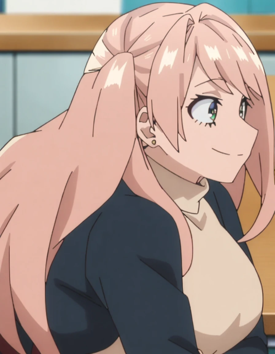 1girl, my hero academia screencap, boku no hero academia, pink hair, gold eyes, smiling, super long hair, cute, wearing beige turtle neck , in a classroom, cute gold earrings, bangs, big boobs, with Shoto Todoroki (my hero academia)
