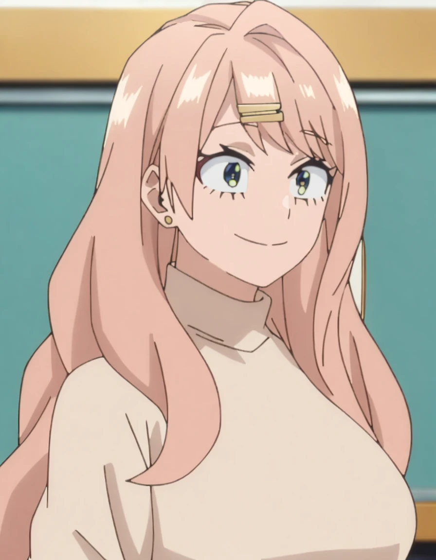 1girl, my hero academia screencap, boku no hero academia, pink hair, gold eyes, smiling, super long hair, cute, wearing beige turtle neck , in a classroom, cute gold earrings, bangs, big boobs, with Shoto Todoroki (my hero academia)
