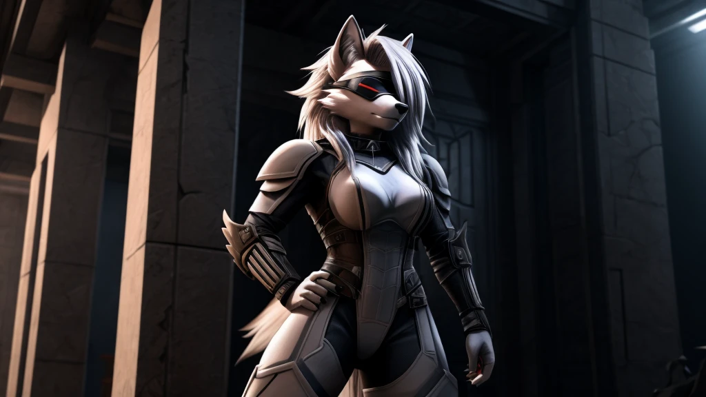 Loona from Helluva Boss, female white wolf, short white hair, blindfold, white combat military armor suit, combat mask, mature adult, muscular, standing, dark lighting, extremely detailed, solo, beautiful, high quality, 4K