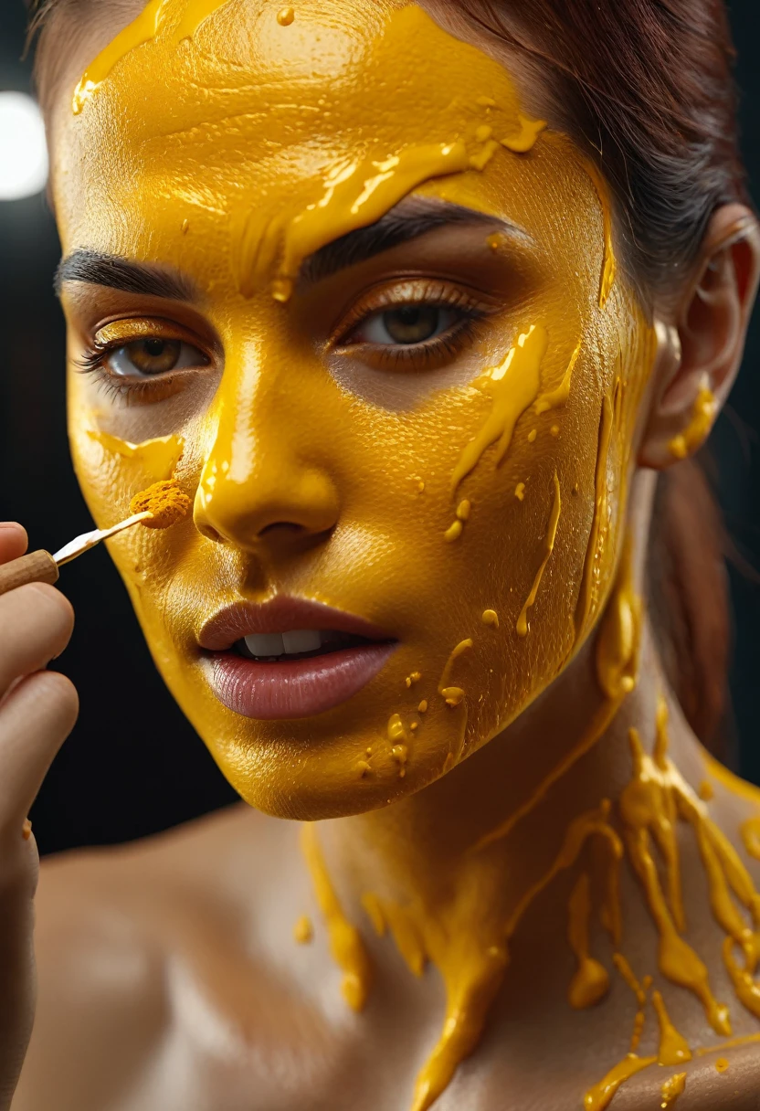 Applying a turmeric and yogurt paste to the face in front of a mirror. Photography, illustration, 3d render, ultra hd detail, sharpen details, painting, Digital painting, Cinematic, Hyper-detailed, insane details, Beautifully color graded, Unreal Engine, DOF, Super-Resolution, Megapixel, Cinematic Lightning, Anti-Aliasing, FKAA, TXAA, RTX, SSAO, Post Processing, Post Production, Tone Mapping, CGI, VFX, SFX, Insanely detailed and intricate, Hyper maximalist, Hyper realistic, Volumetric, Photorealistic, ultra photoreal, ultra-detailed, intricate details, 8K, Super detailed, Full color, Volumetric lightning, HDR, Realistic, Unreal Engine, 16K, Sharp focus, —v testp