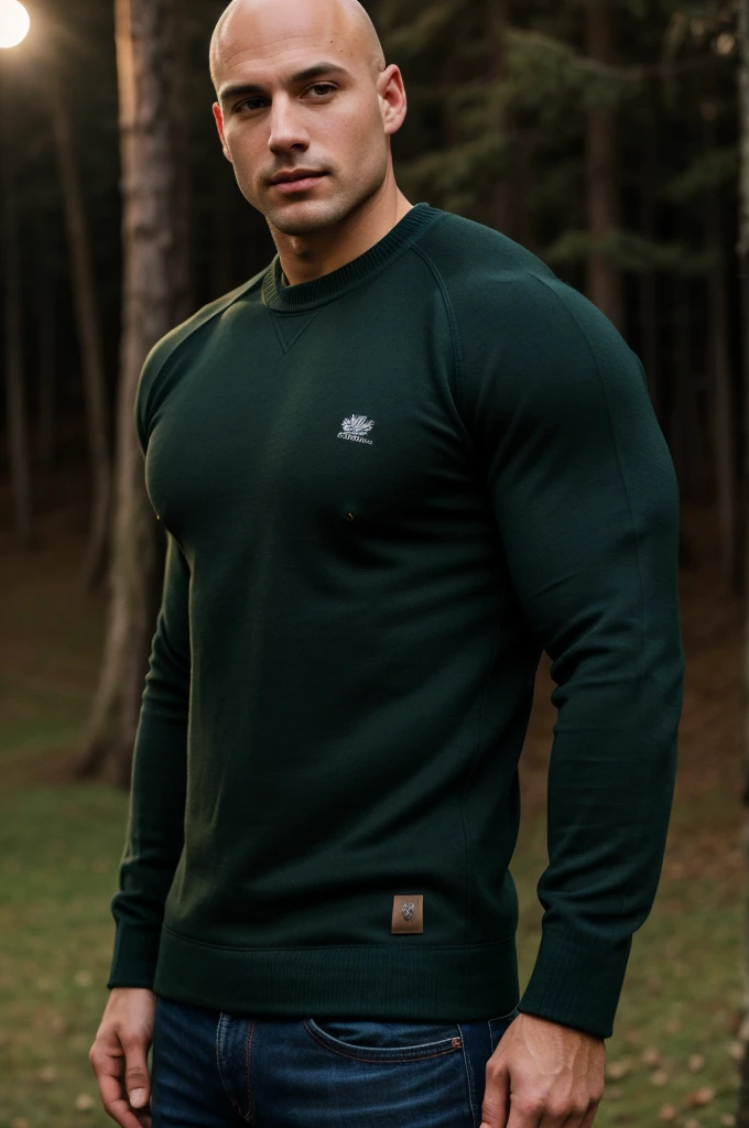 ((best quality)), ((masterpiece)), (detailed), realistic face real bald muscular male upper body wear dark green pullover at night camp