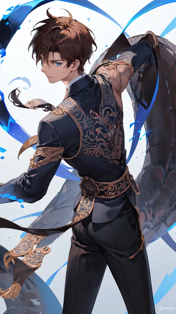 Half body portrait of a young man Has good muscles, brown hair, blue eyes, wears a plain black suit. Turn around and look back. Cool look back.. There was a black Chinese dragon with a serpentine body wrapped around it, huge, smoky.
