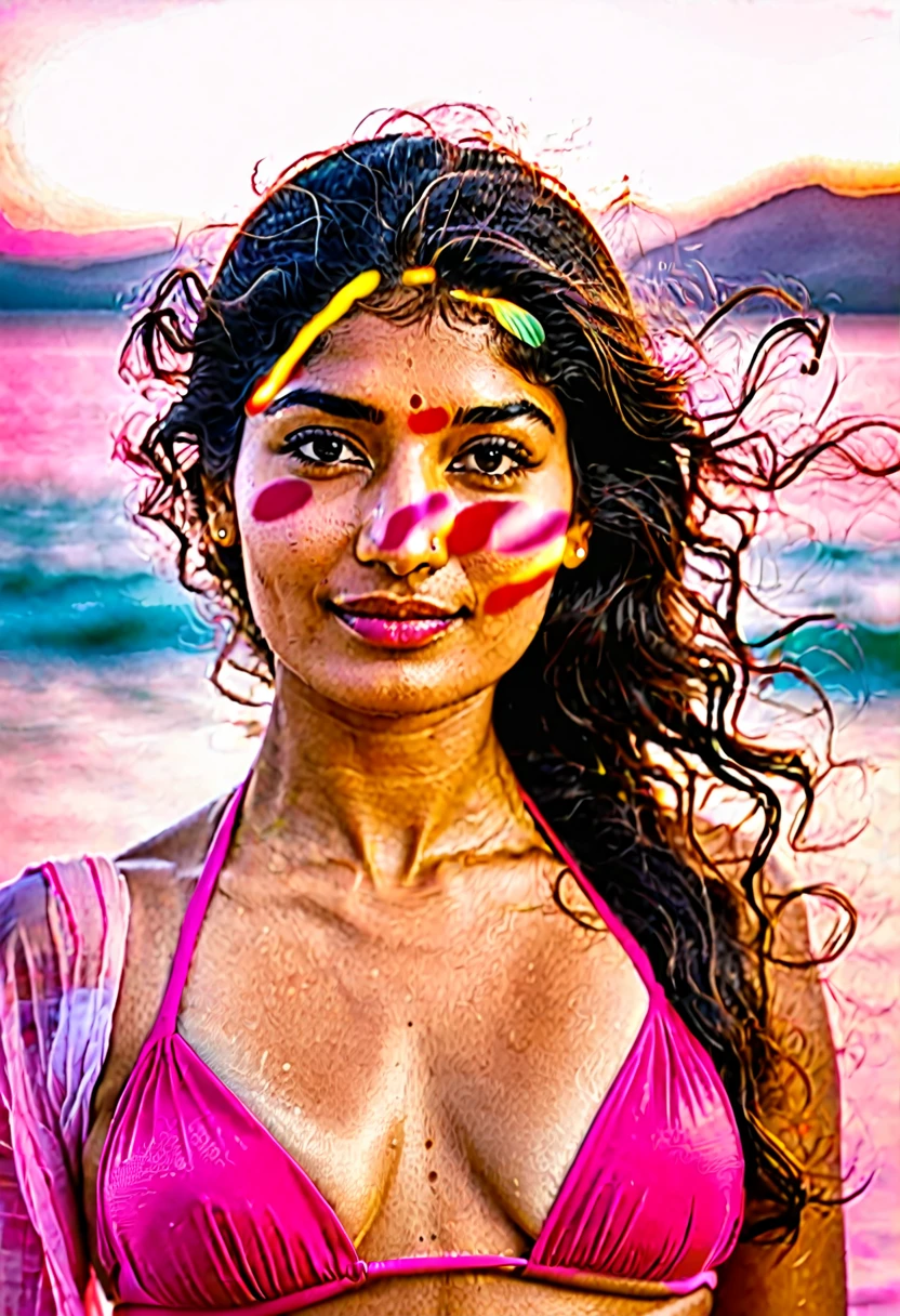 ultrarealistic hires close up photo of a 30-year-old sai pallavi woman, outdoors, realistic skin texture, looking looking at camera, pink bikini, beautiful bokeh background
