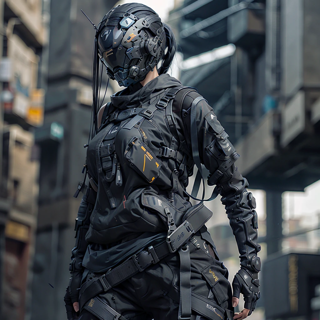 1girl, long dark blue hair, cyber helmet, black tank top, black cargo pants, mouth mask, covered mouth, Blur background, 8K, Hi-Res